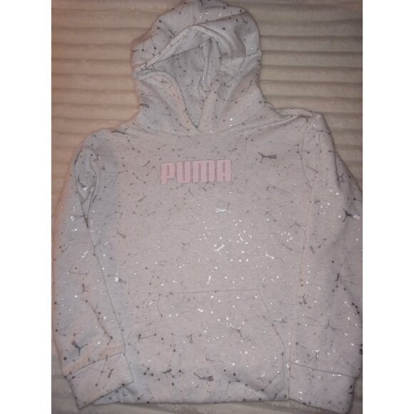 Puma Hoodie Girls Size Large 12/14 Long Sleeve Grey Silver Print Logo - Picture 1 of 5